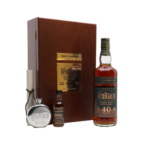 Distillery 40 Year Old – Benriach 40 Year Old + Hip Flask & Miniature Speyside Whisky (Speyside) | N/A% ABV, 700ml – Buy Now