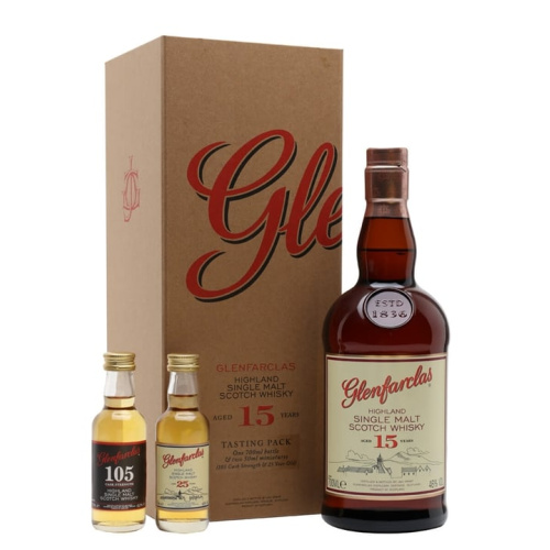 Distillery 15 Year Old – Glenfarclas 15 Year Old / Set with 105 & 25 Year Old Minis Speyside Whisky (Speyside) | N/A% ABV, 700ml – Buy Now