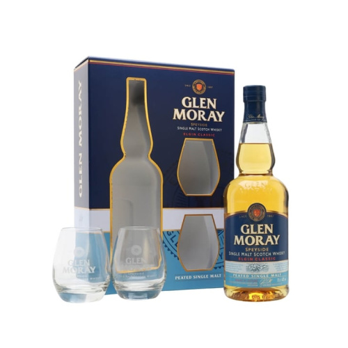 Distillery NAS Year Old – Glen Moray Peated / Glass Set Speyside Single Malt Scotch Whisky (Speyside) | N/A% ABV, 700ml – Buy Now