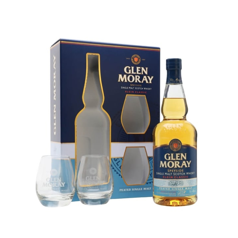 Distillery NAS Year Old – Glen Moray Peated / Glass Set Speyside Single Malt Scotch Whisky (Speyside) | N/A% ABV, 700ml – Buy Now